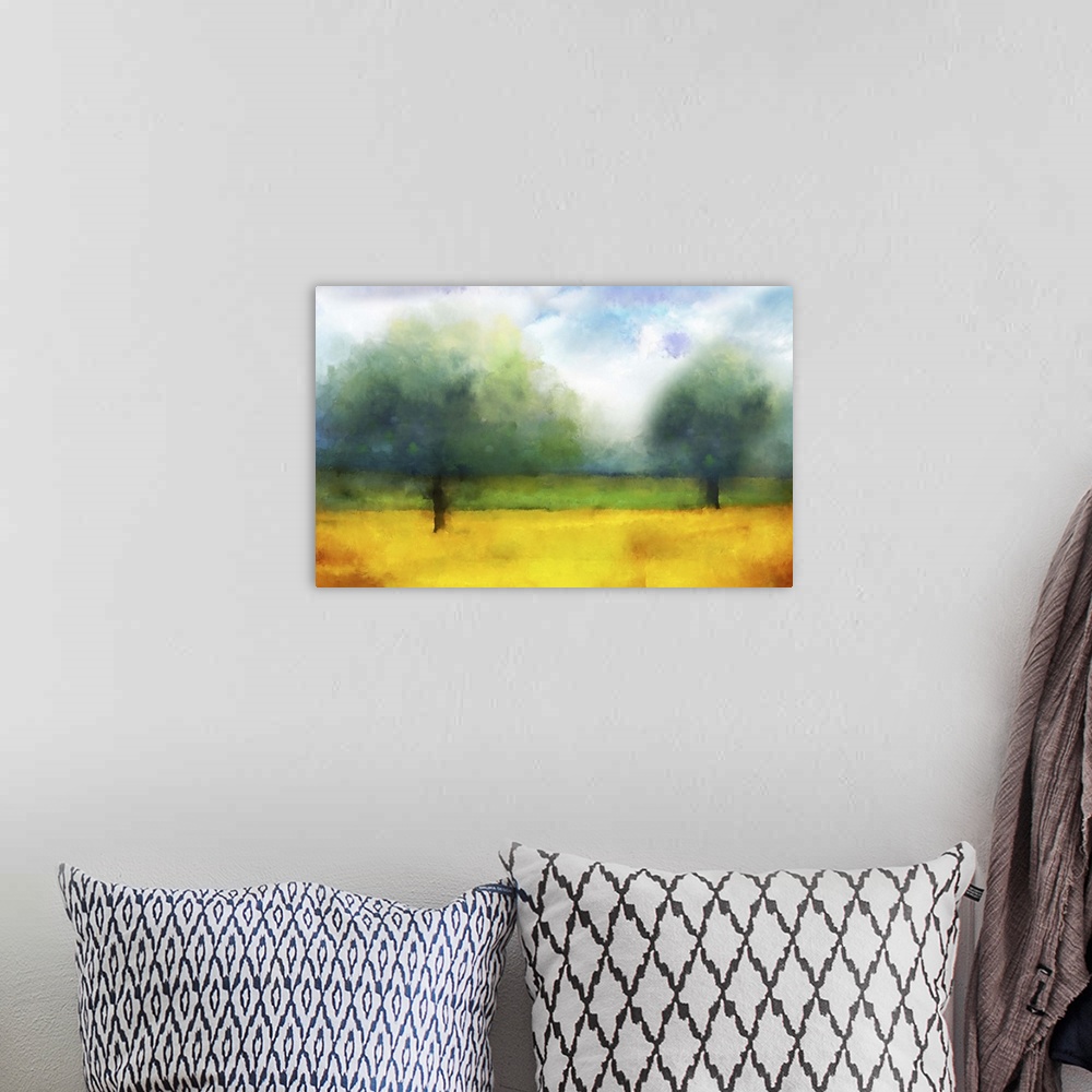 A bohemian room featuring Impressionist style painting of two large trees in a field.