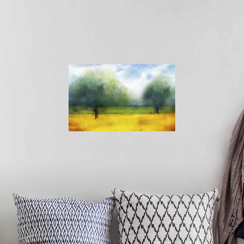 A bohemian room featuring Impressionist style painting of two large trees in a field.