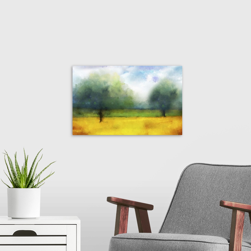 A modern room featuring Impressionist style painting of two large trees in a field.