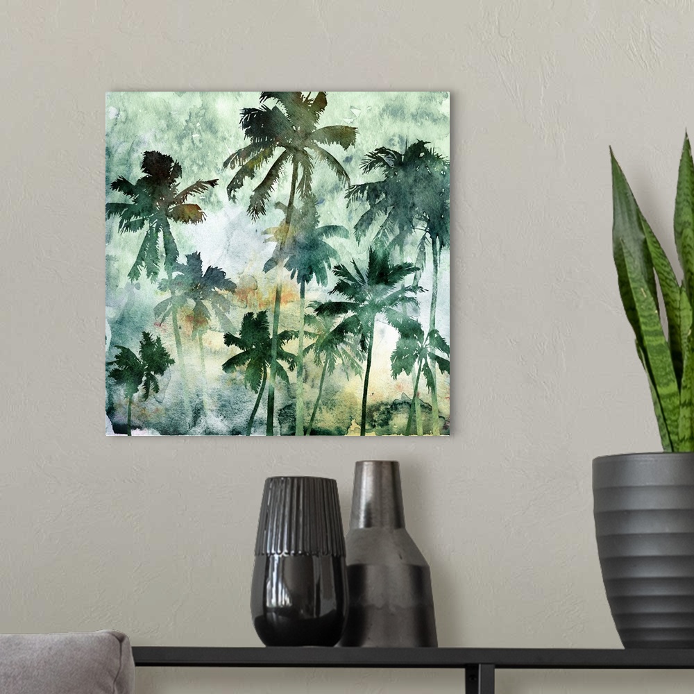 A modern room featuring A square watercolor painting of a group of palm trees in shades of green.
