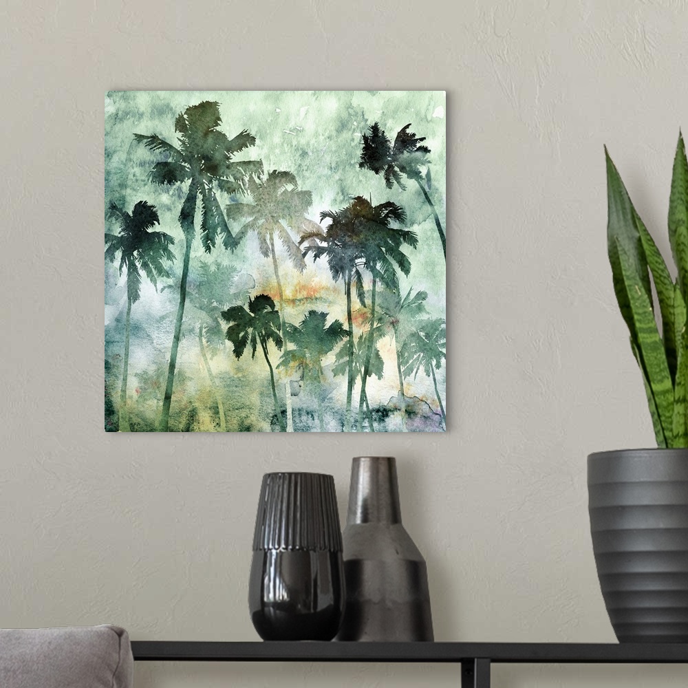 A modern room featuring A square watercolor painting of a group of palm trees in shades of green.