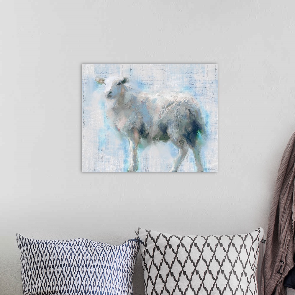 A bohemian room featuring A large painting of a sheep done in blue, white and pink hues with a glimpse of small handwritten...