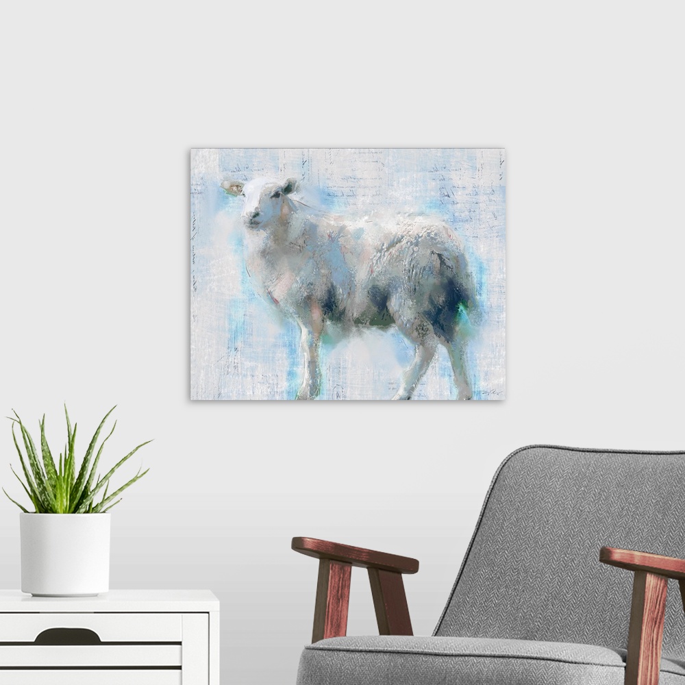 A modern room featuring A large painting of a sheep done in blue, white and pink hues with a glimpse of small handwritten...