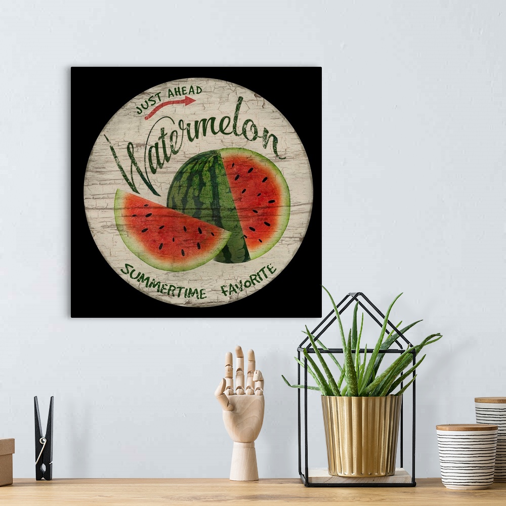 A bohemian room featuring Round sign for fresh watermelon.