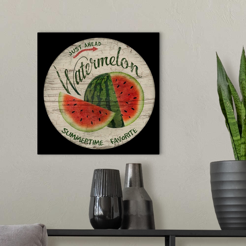 A modern room featuring Round sign for fresh watermelon.