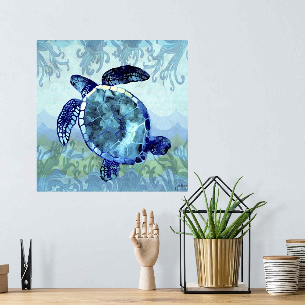 A bohemian room featuring Watercolor sea turtle in shades of blue.