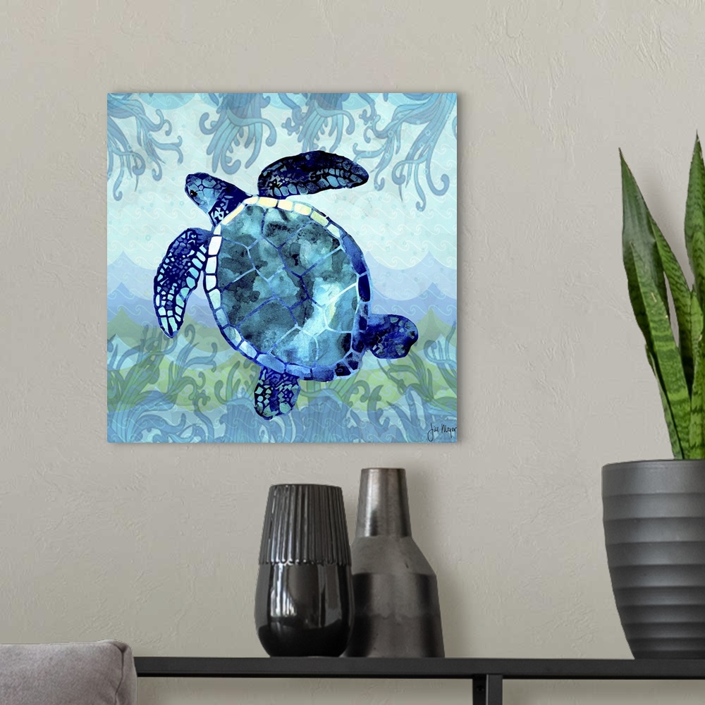 A modern room featuring Watercolor sea turtle in shades of blue.