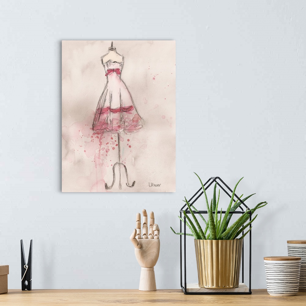 A bohemian room featuring Watercolor painting of a white and pink dress on a dress form.