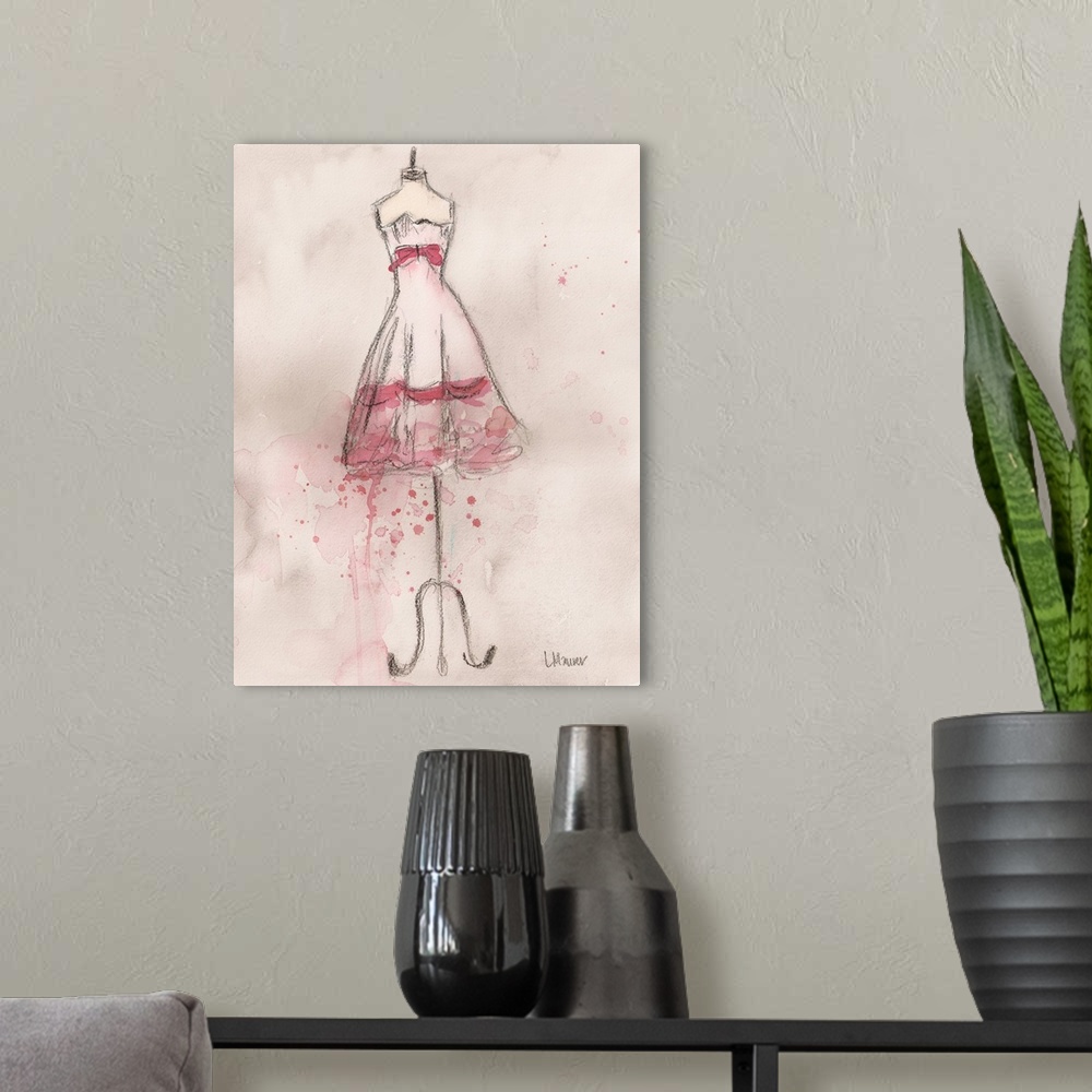 A modern room featuring Watercolor painting of a white and pink dress on a dress form.