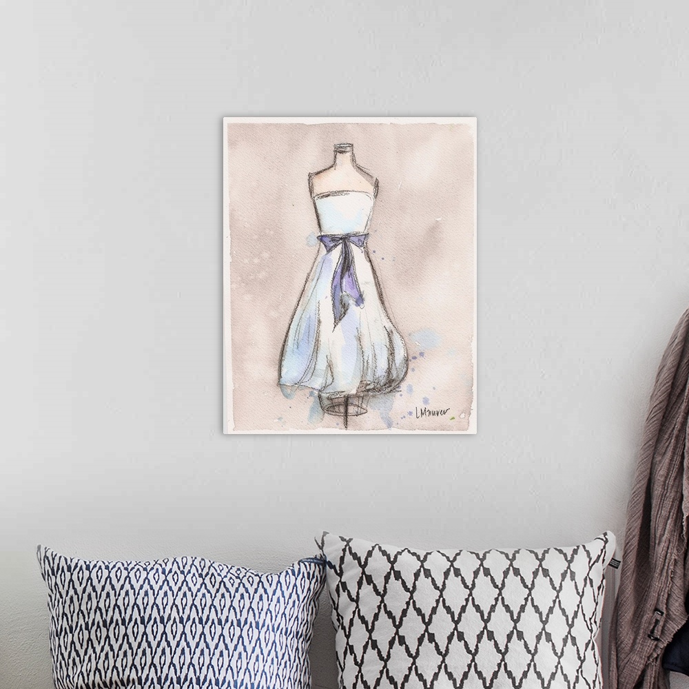 A bohemian room featuring Watercolor painting of a white dress on a dress form.