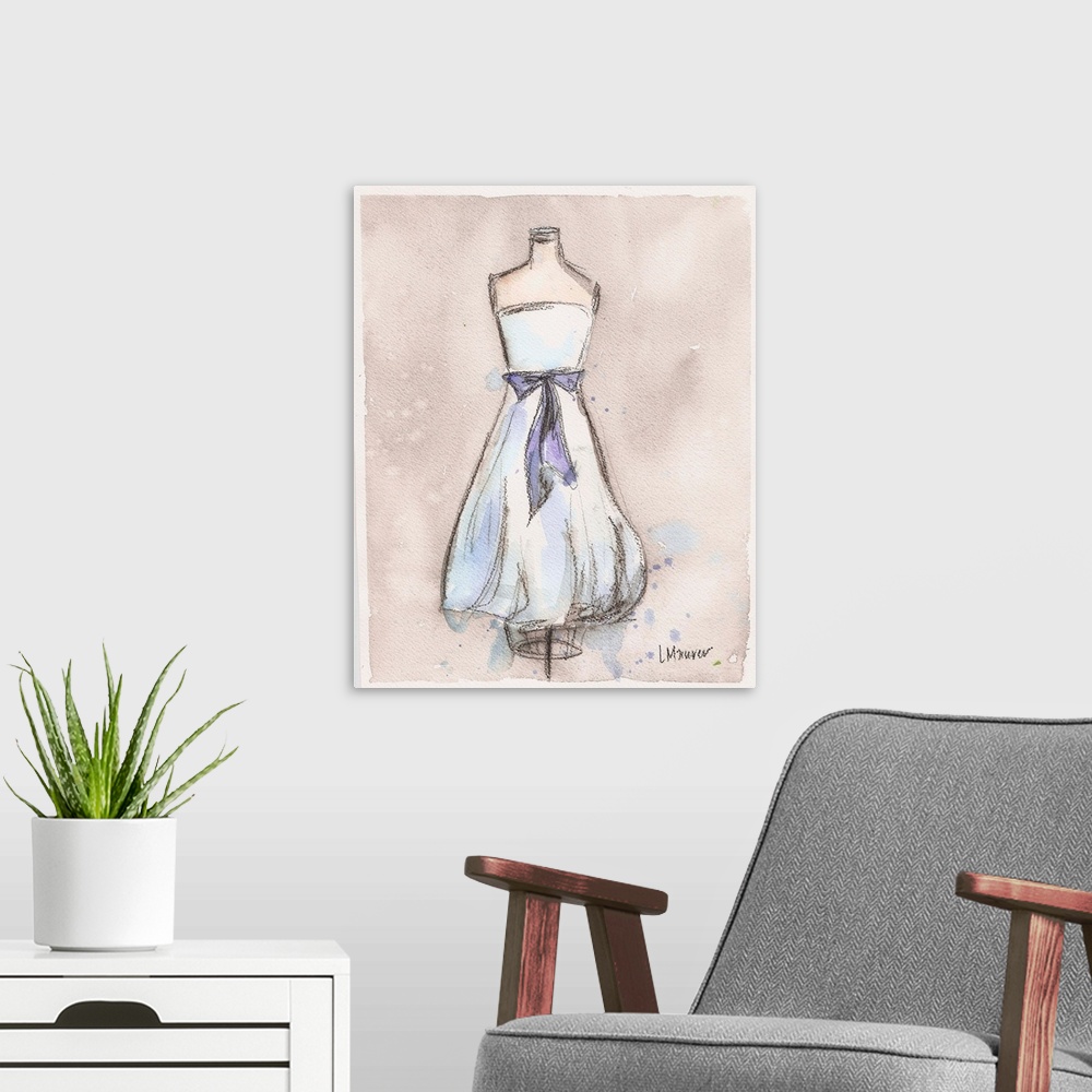 A modern room featuring Watercolor painting of a white dress on a dress form.