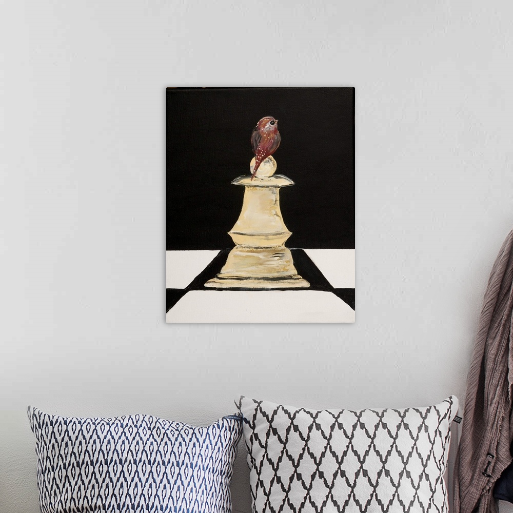 A bohemian room featuring Painting of a small bird perched on a chess pawn.