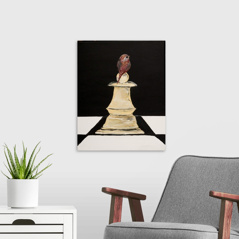A modern room featuring Painting of a small bird perched on a chess pawn.