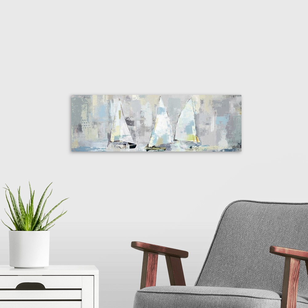A modern room featuring A large panoramic painting of a group of sailboats with muted patches of yellow, blue and gray.