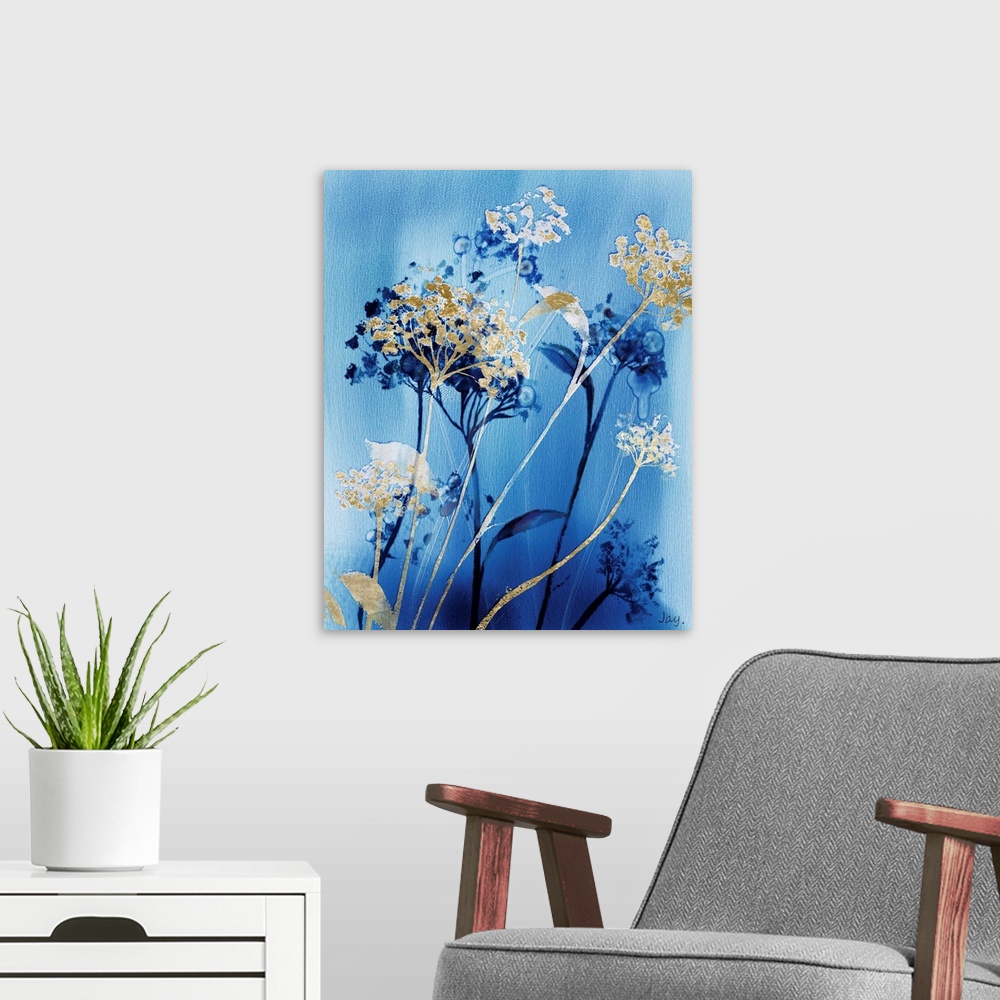 A modern room featuring A vertical artistic image of layered wild flowers in blue and metallic gold on fine lined brushed...