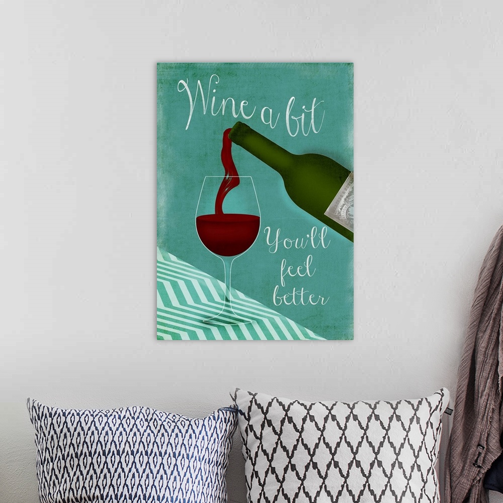 A bohemian room featuring Kitchen decor of a bottle of wine pouring a glass with humorous text.