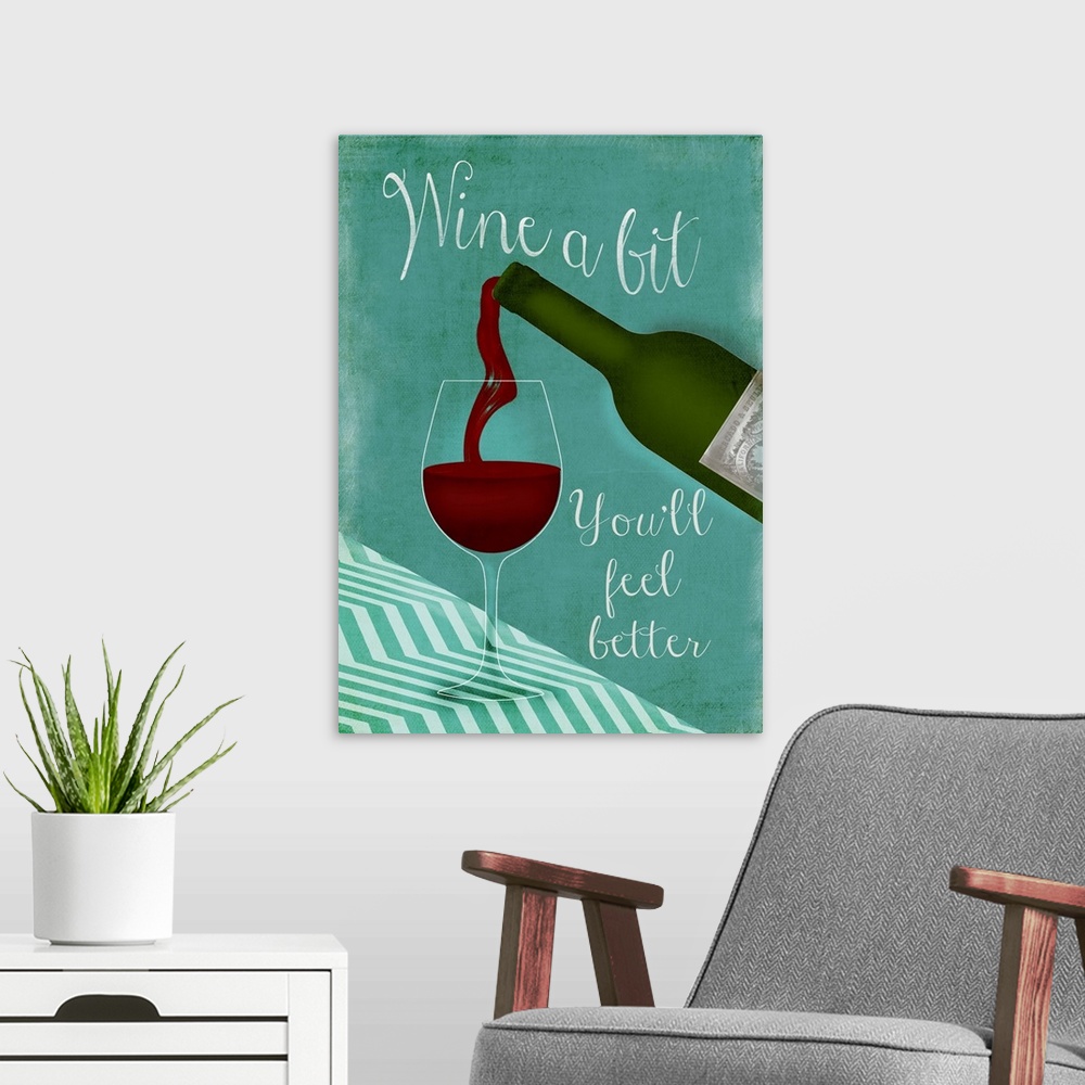 A modern room featuring Kitchen decor of a bottle of wine pouring a glass with humorous text.