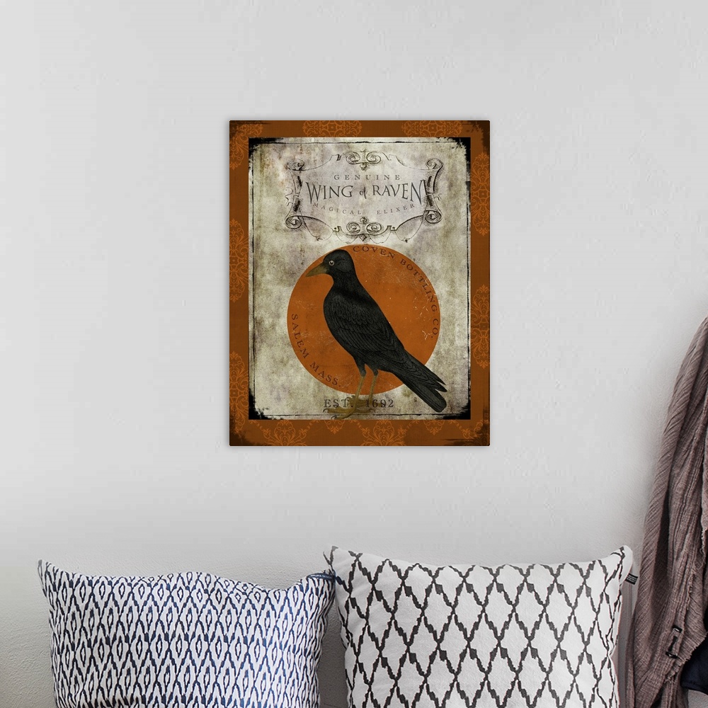 A bohemian room featuring Halloween-themed label for the ingredient Wing of Raven