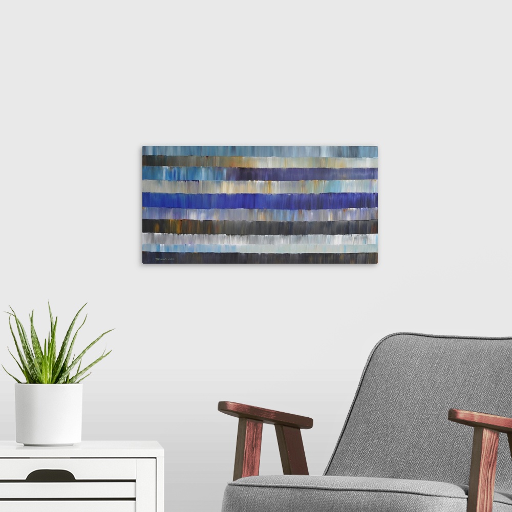 A modern room featuring Abstract painting in layers of blue and grey.