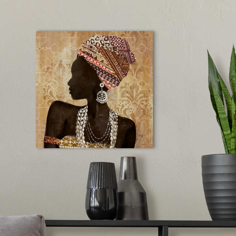 A modern room featuring A decorative image of a fashionable woman on a floral neutral background.