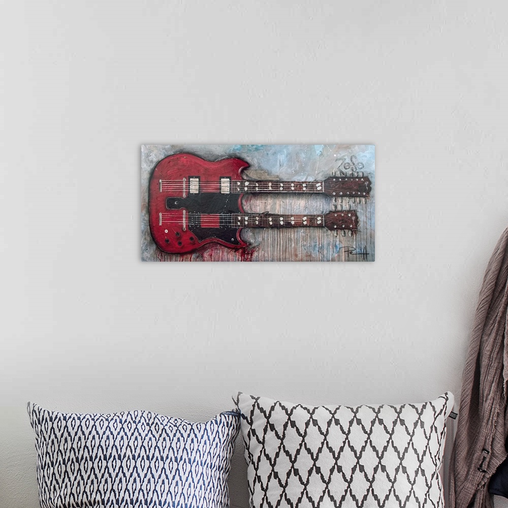 A bohemian room featuring Painting of a red double-necked electric guitar on an abstract background.