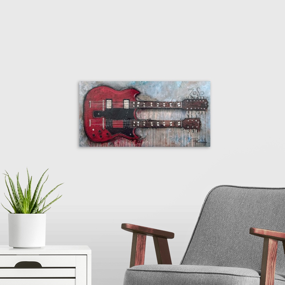 A modern room featuring Painting of a red double-necked electric guitar on an abstract background.