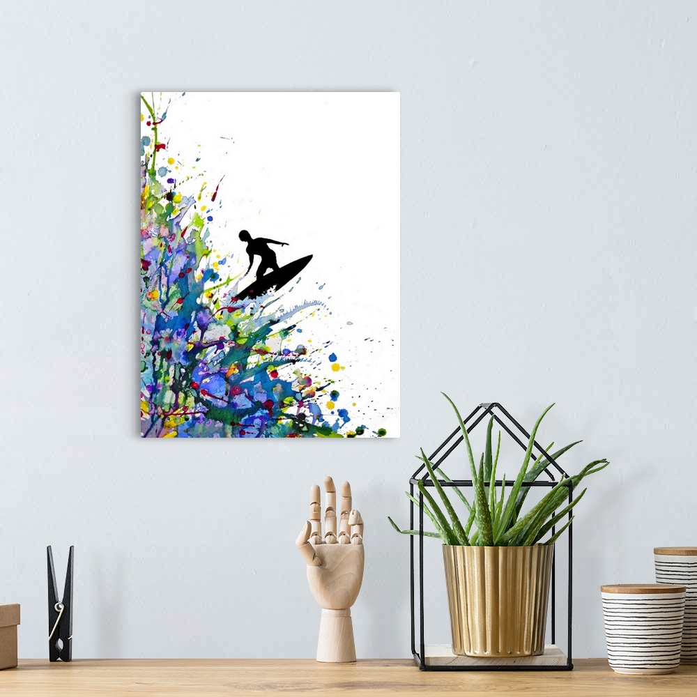 A bohemian room featuring Watercolor and ink painting of a silhouetted man on a surfboard on a wave of paint splatters.