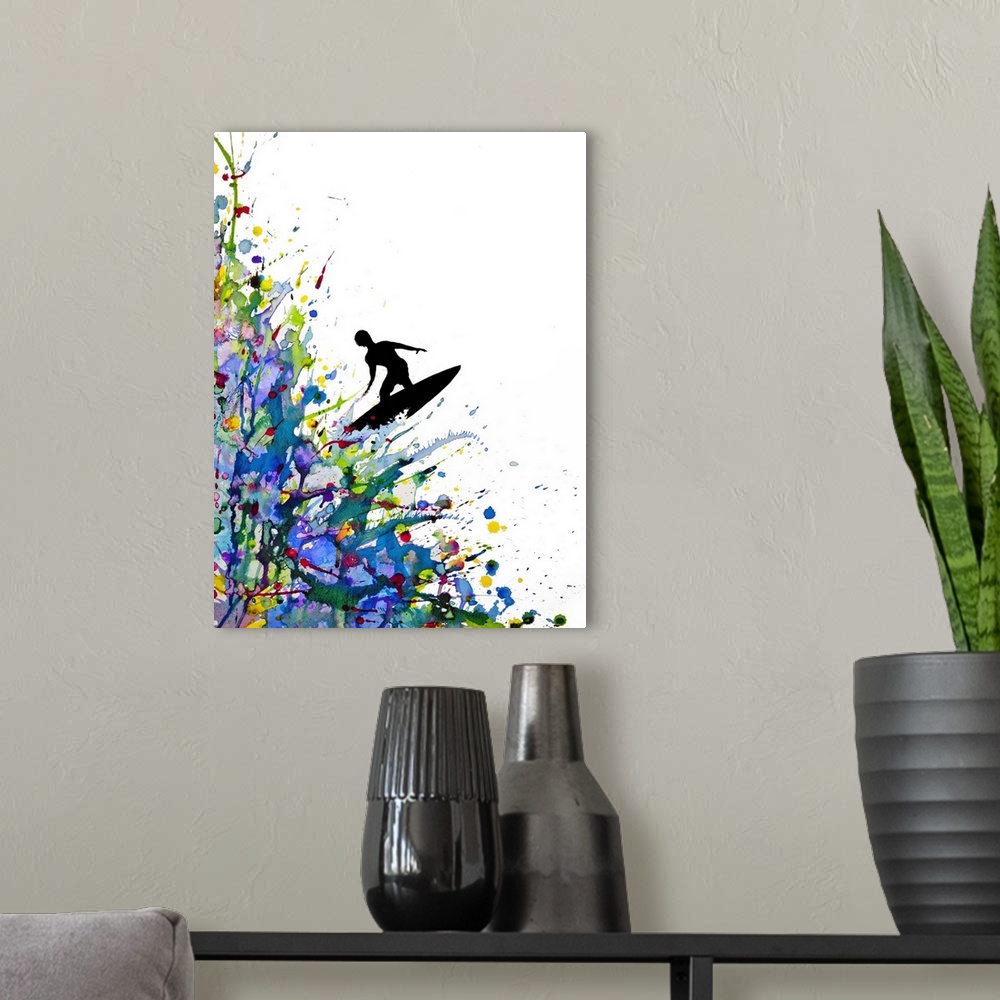 A modern room featuring Watercolor and ink painting of a silhouetted man on a surfboard on a wave of paint splatters.