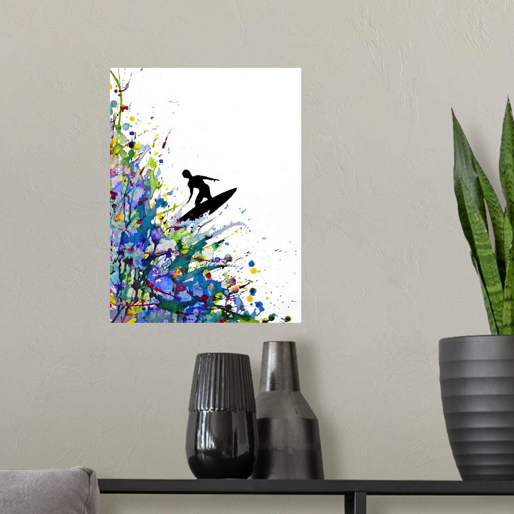 A modern room featuring Watercolor and ink painting of a silhouetted man on a surfboard on a wave of paint splatters.