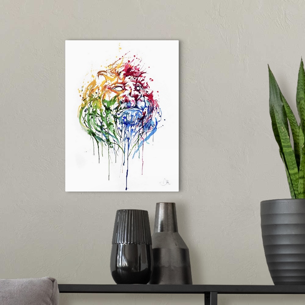 A modern room featuring Watercolor and ink painting of a lion's face made of splashes of color.