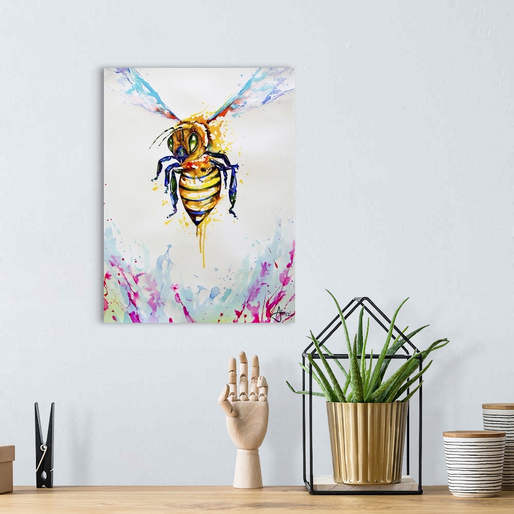 A bohemian room featuring Watercolor and ink painting of a bee in flight with its stinger ready.