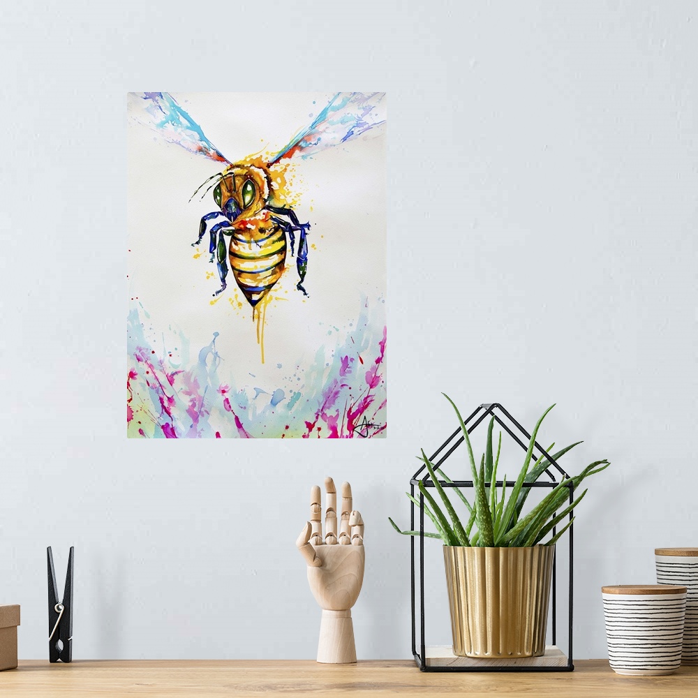 A bohemian room featuring Watercolor and ink painting of a bee in flight with its stinger ready.