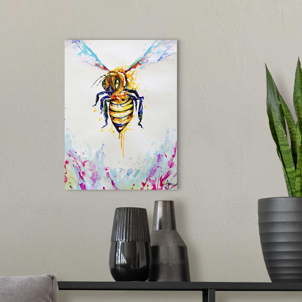 A modern room featuring Watercolor and ink painting of a bee in flight with its stinger ready.