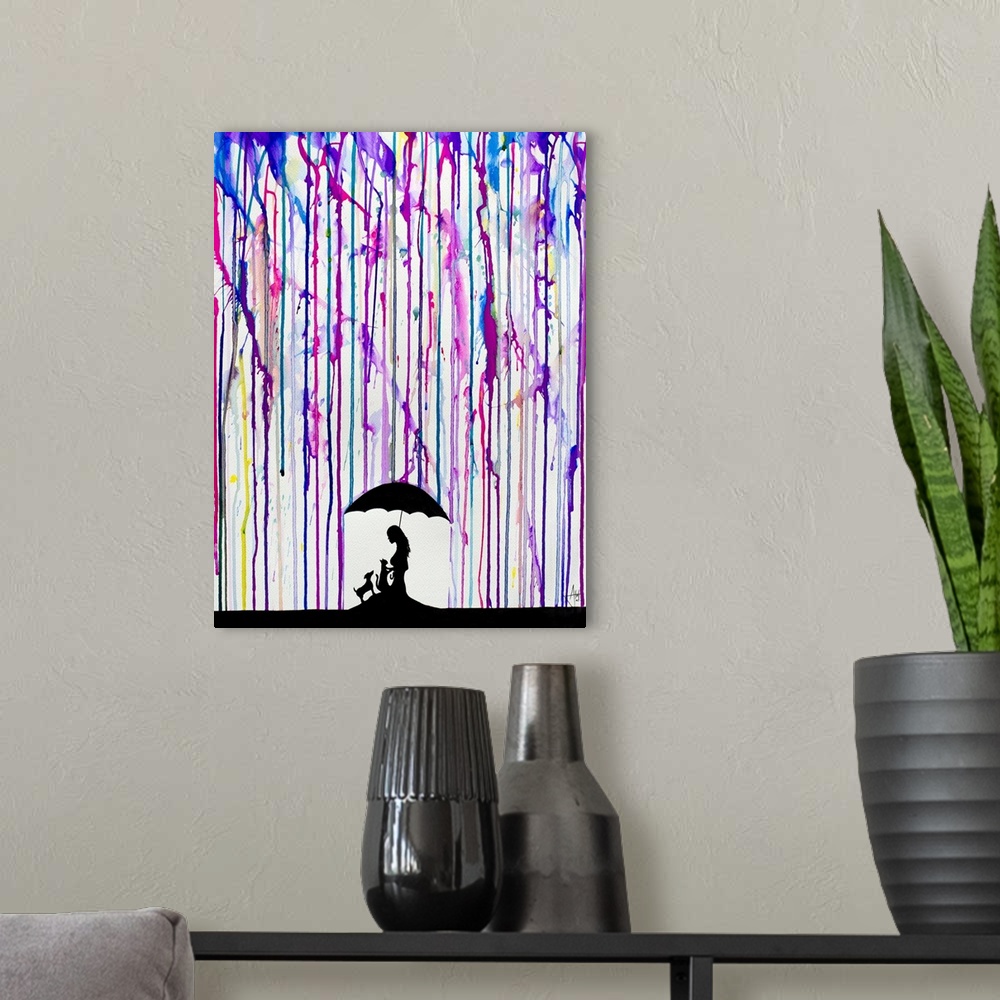 A modern room featuring Watercolor and ink painting of a silhouetted woman with an umbrella and dogs under colorful rain.