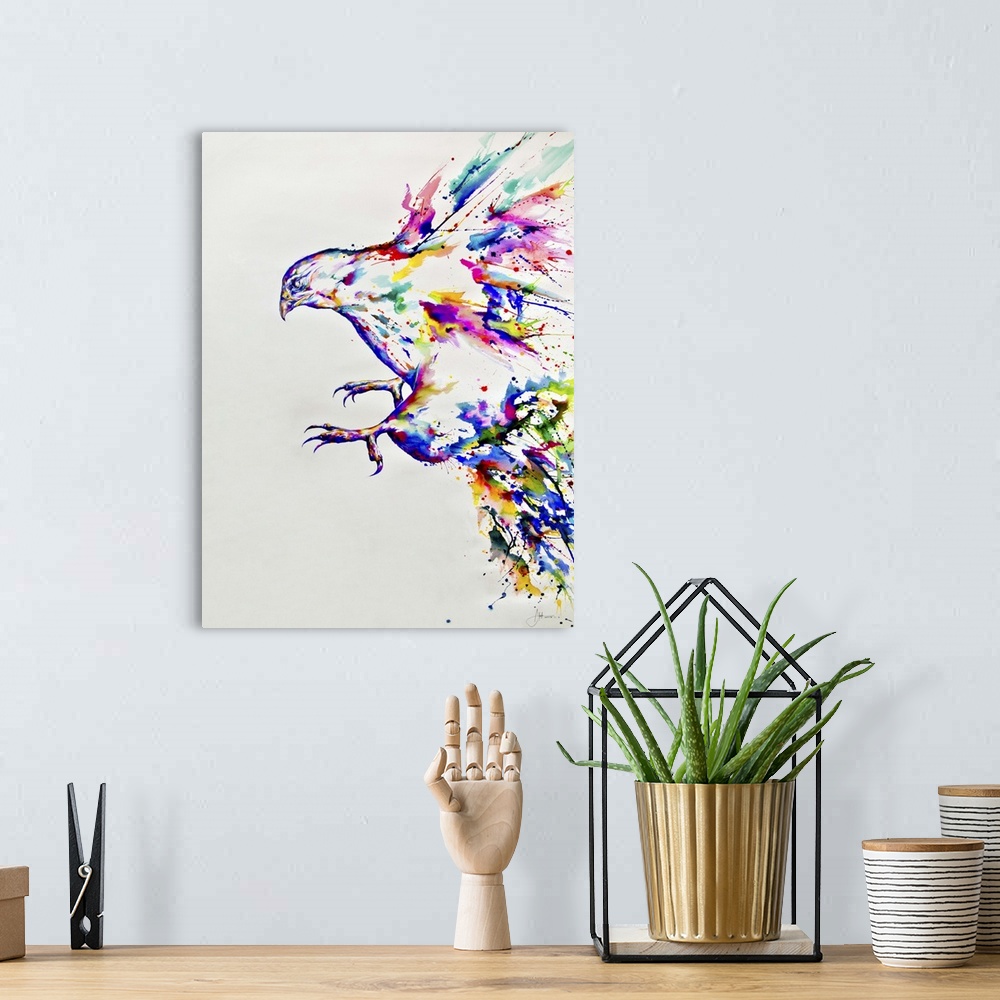 A bohemian room featuring Watercolor and ink painting of a colorful bird in flight.