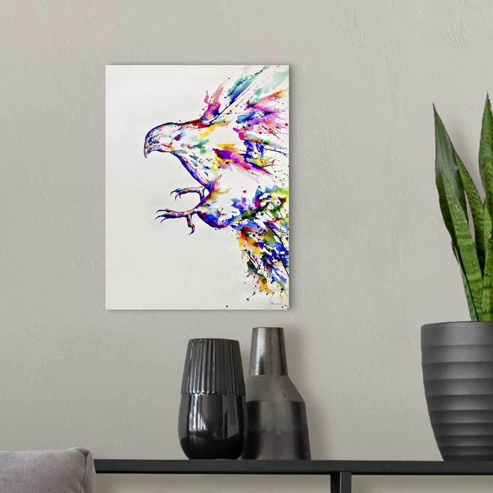 A modern room featuring Watercolor and ink painting of a colorful bird in flight.