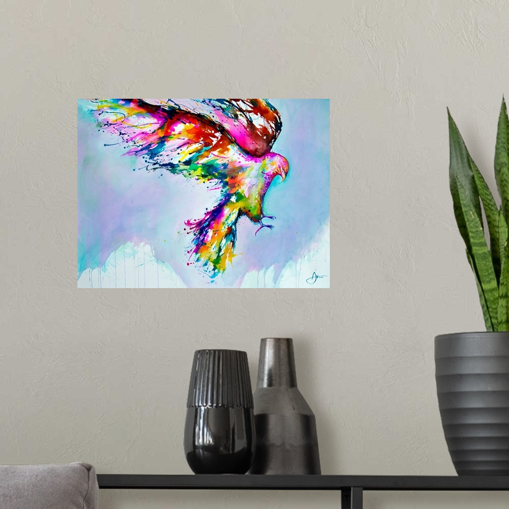 A modern room featuring Watercolor and ink painting of a colorful bird in flight in the sky.