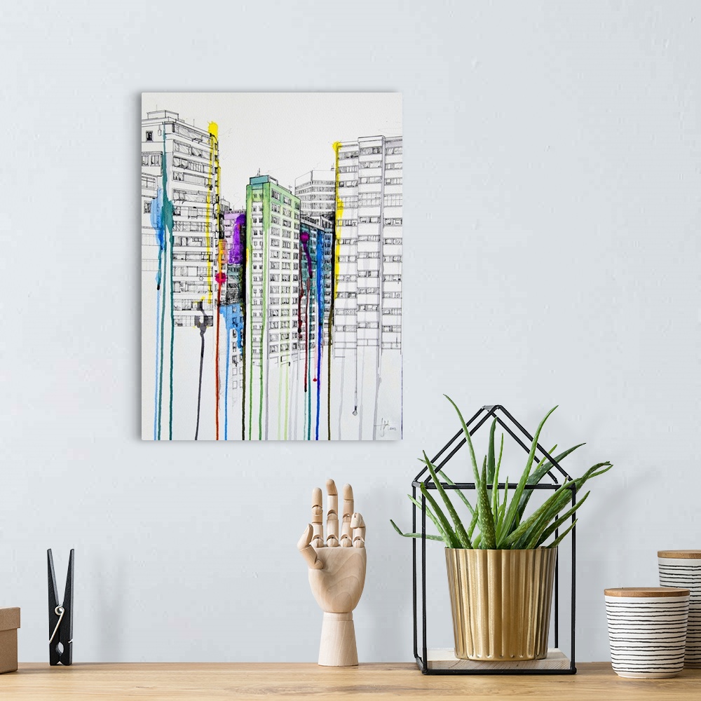 A bohemian room featuring Watercolor and ink painting of several tall buildings in a city with small splashes of color.