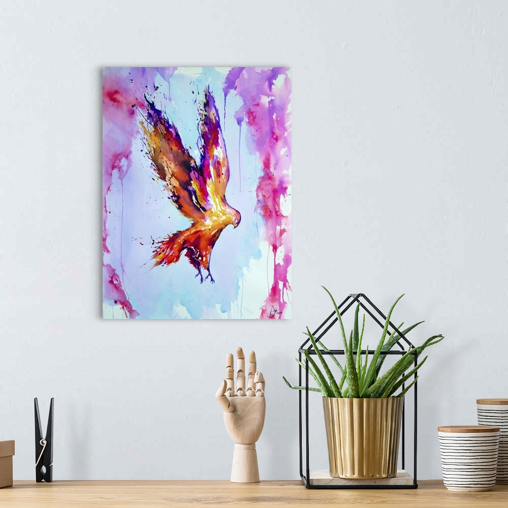 A bohemian room featuring Watercolor and ink painting of a glowing orange bird in flight.