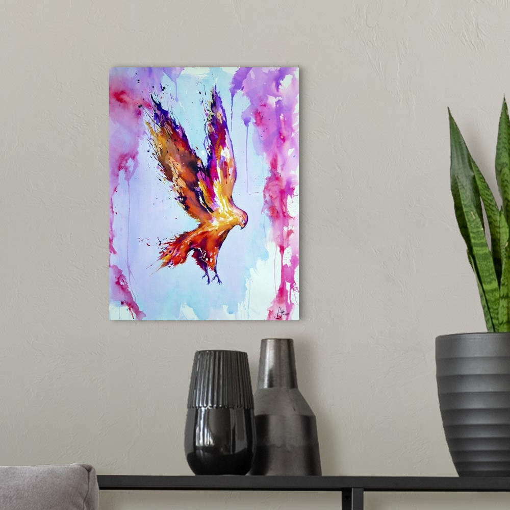 A modern room featuring Watercolor and ink painting of a glowing orange bird in flight.