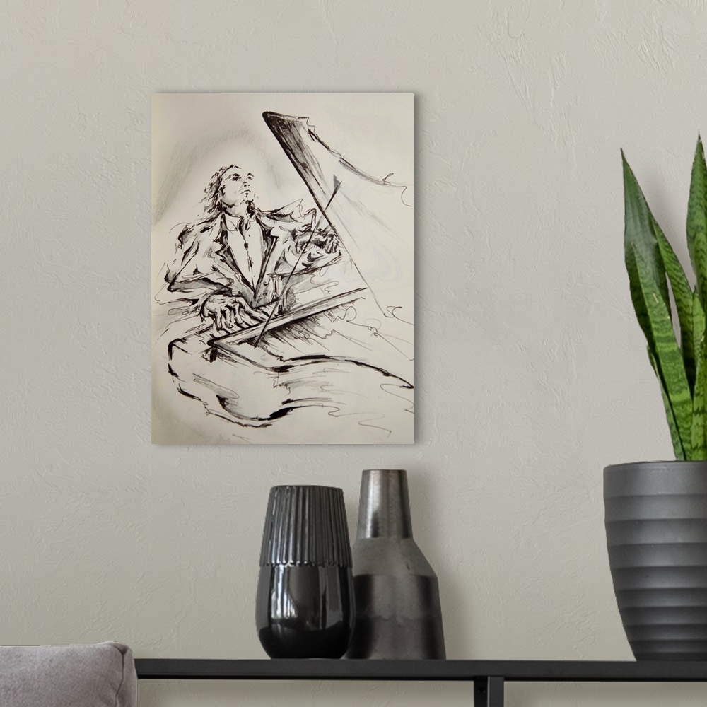A modern room featuring Ink painting of a man in a tuxedo playing a grand piano.
