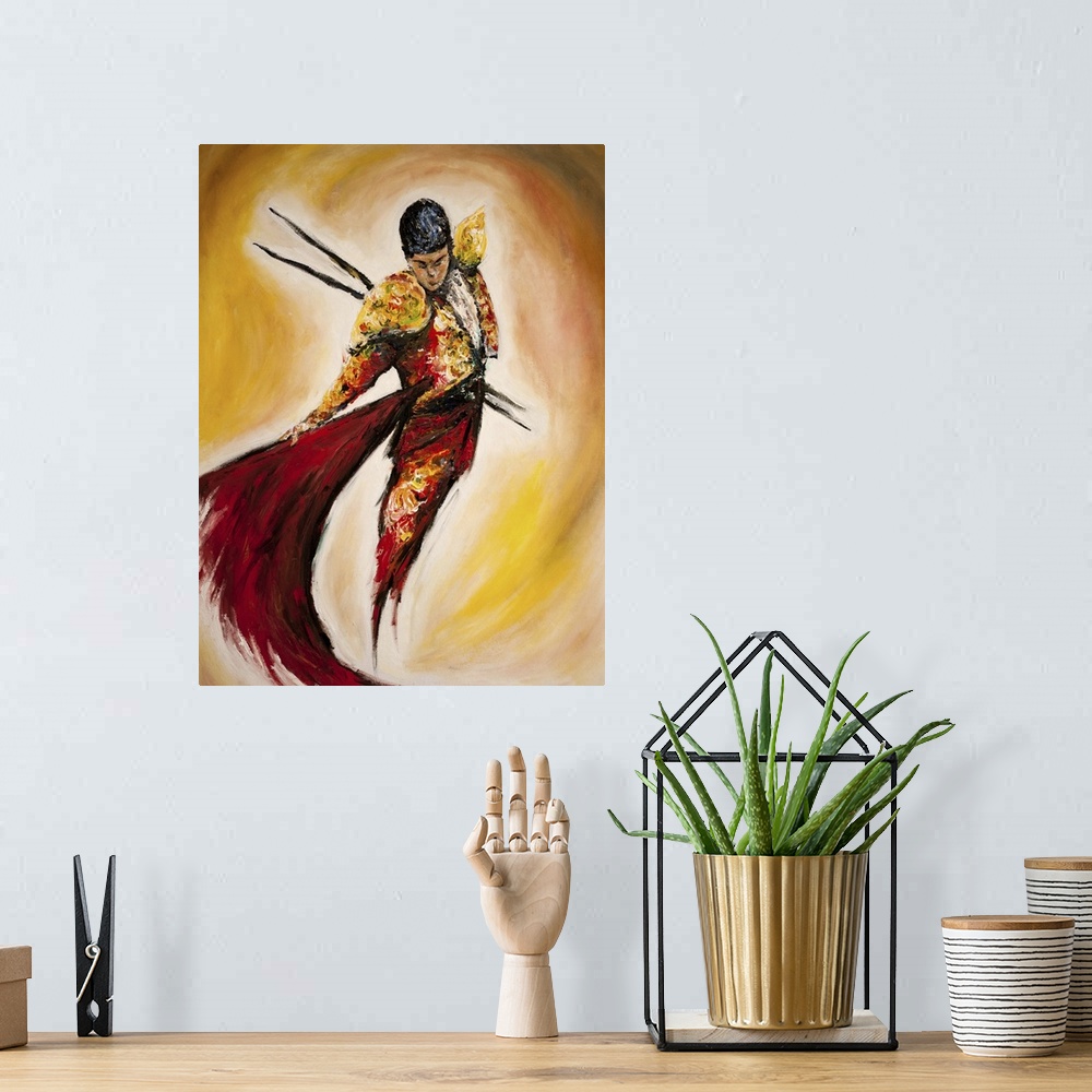A bohemian room featuring Watercolor and ink painting of a matador with a red cape for a bullfight.