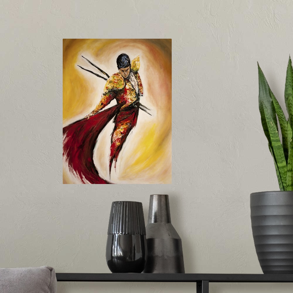 A modern room featuring Watercolor and ink painting of a matador with a red cape for a bullfight.