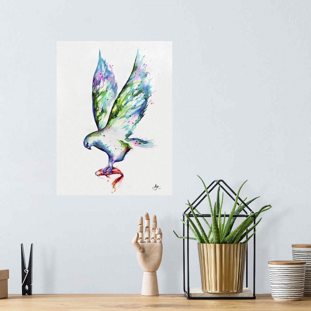 A bohemian room featuring Watercolor and ink painting of a bird in flight with a fish in its talons.