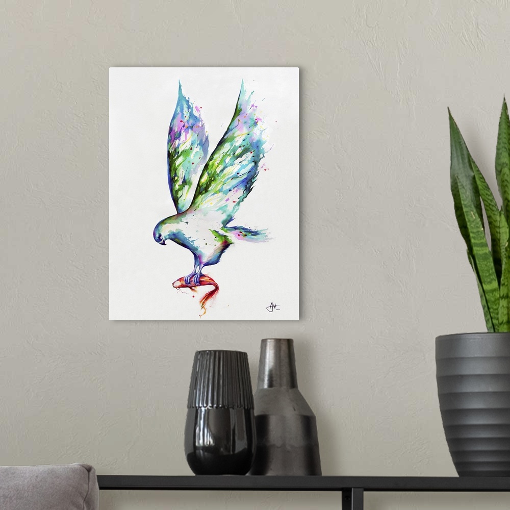 A modern room featuring Watercolor and ink painting of a bird in flight with a fish in its talons.