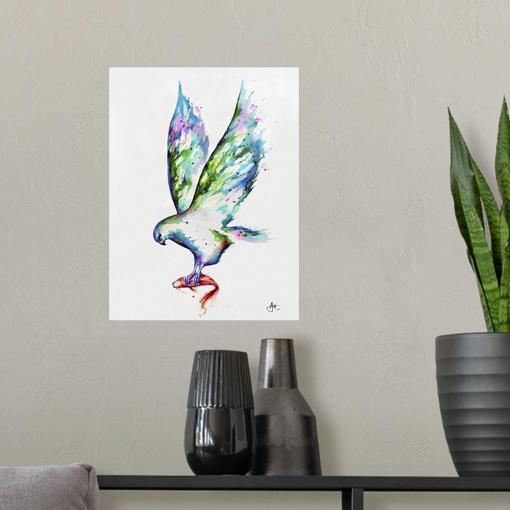 A modern room featuring Watercolor and ink painting of a bird in flight with a fish in its talons.