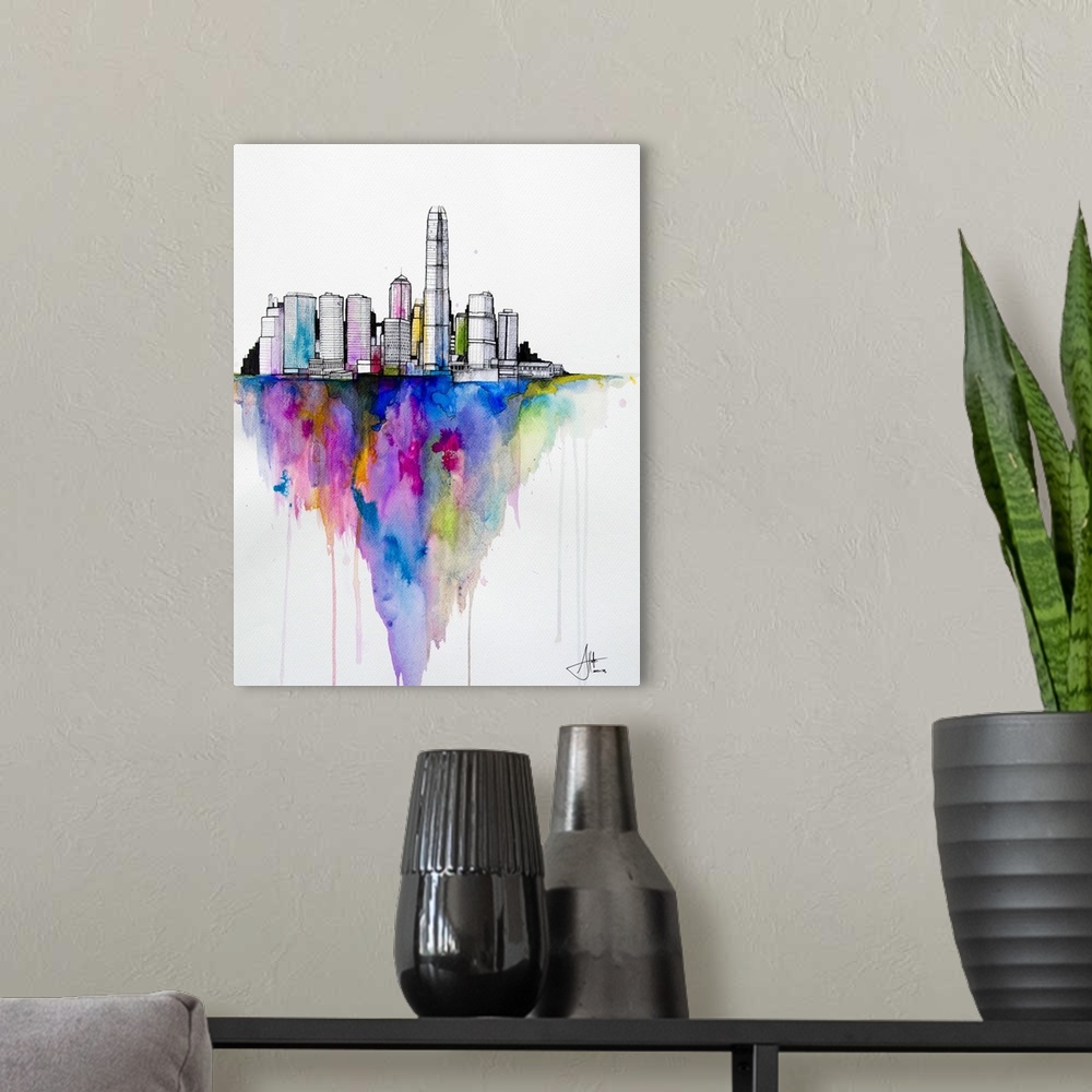 A modern room featuring Watercolor and ink painting of a city skyline with a colorful shadow.