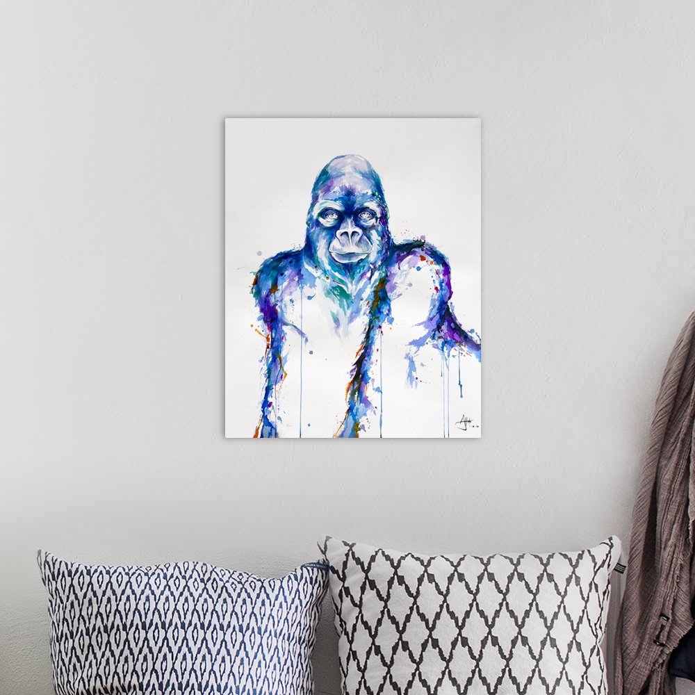 A bohemian room featuring Watercolor and ink painting of a gorilla made of blue paint splashes.