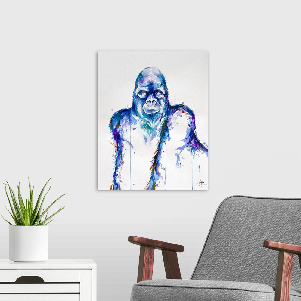 A modern room featuring Watercolor and ink painting of a gorilla made of blue paint splashes.