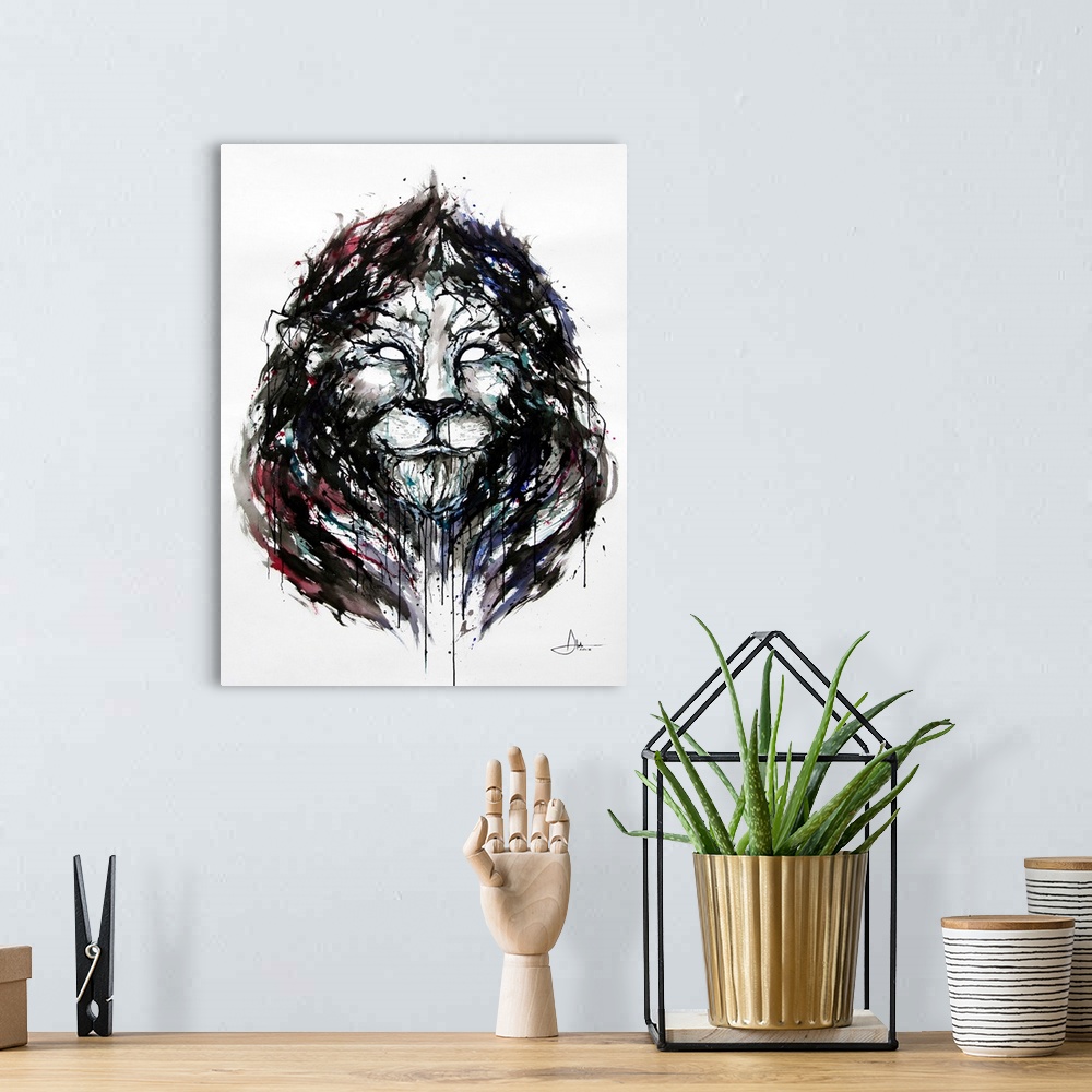 A bohemian room featuring Watercolor and ink painting of a lion's face with a large mane.